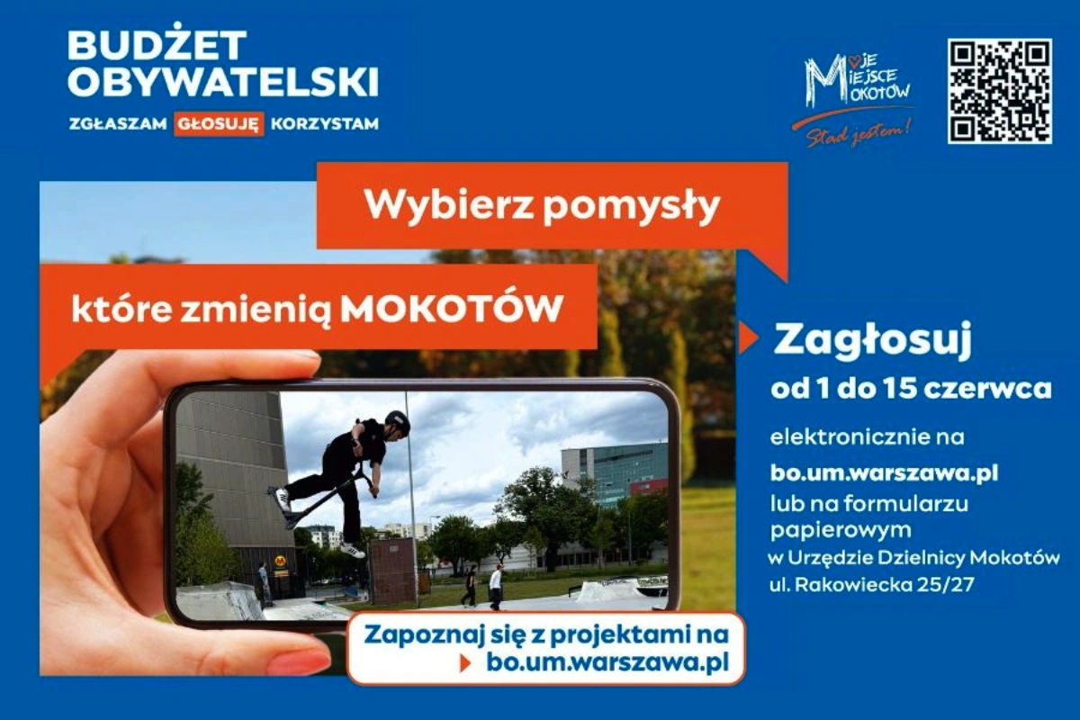 Plakat Budżetu Obywatelskiego Mokotów z hasłem „Wybierz pomysły, które zmienią Mokotów”, zdjęciem osoby na hulajnodze i informacją o głosowaniu od 1 do 15 czerwca.